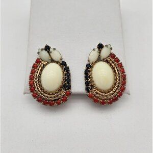 Vintage Hobe' Red White Blue Gold Tone Clip Earrings